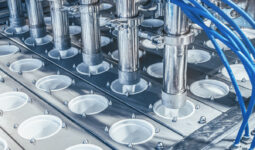 Gros plan sur une chaine industriel de conditionnement de produits laitiers