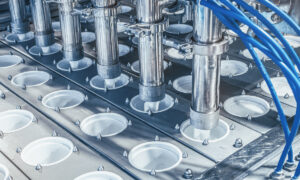 Gros plan sur une chaine industriel de conditionnement de produits laitiers