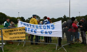 des gens derrière des banderoles lors d'un rassemblement