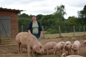 Une femme dans un enclos avec une truie et ses porcelets