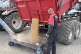 Des graines de soja coulent d'une remorque avec une personne devant