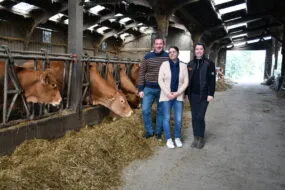 deux femmes et un homme dans une stabulation avec des vaches au cornadis