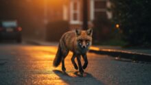 Un renard dans une rue de nuit avec l'éclairage d'un lampadaire