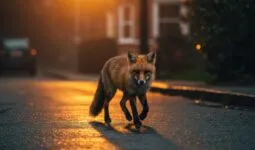 Un renard dans une rue de nuit avec l'éclairage d'un lampadaire