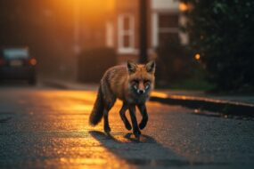 Un renard dans une rue de nuit avec l'éclairage d'un lampadaire