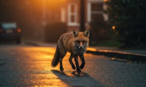 Un renard dans une rue de nuit avec l'éclairage d'un lampadaire