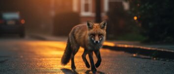 Un renard dans une rue de nuit avec l'éclairage d'un lampadaire