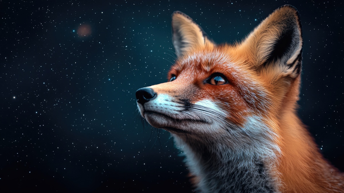 Un renard qui regarde au loin dans la nuit avec un ciel étoilé