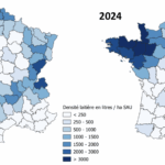 Carte statistique de France sur l'évolution de la densité laitière départementale (Production laitière/SAU du département) entre 2015 et 2024