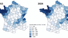 Carte statistique de France sur l'évolution de la densité laitière départementale (Production laitière/SAU du département) entre 2015 et 2024