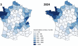 Carte statistique de France sur l'évolution de la densité laitière départementale (Production laitière/SAU du département) entre 2015 et 2024