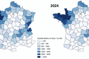 Carte statistique de France sur l'évolution de la densité laitière départementale (Production laitière/SAU du département) entre 2015 et 2024