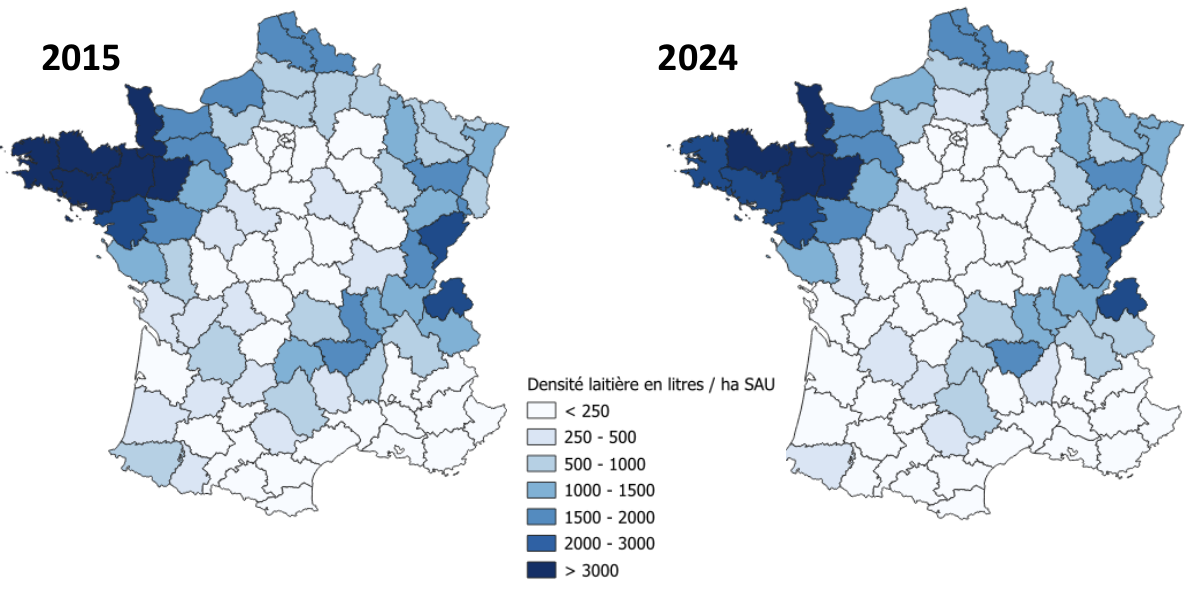 Carte statistique de France sur l'évolution de la densité laitière départementale (Production laitière/SAU du département) entre 2015 et 2024 - Illustration Un Ouest laitier en recomposition : Entre contrastes et enjeux