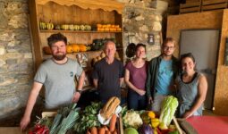 Un groupe de personne dans une pièce avec des murs de pierre, avec des cageots remplis de légumes posés sur une table devant eux