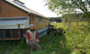 un homme accroupi à côté d'un poulailler mobile d'un élevage de volailles