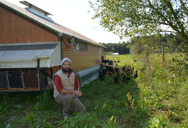 un homme accroupi à côté d'un poulailler mobile d'un élevage de volailles