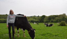 Une jeune femme souriante avec le bras sur une vache et le troupeau derrière