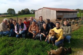 un groupe de personnes accroupies avec des chiens dans un champ avec un bâtiment d'élevage de volailles derrière