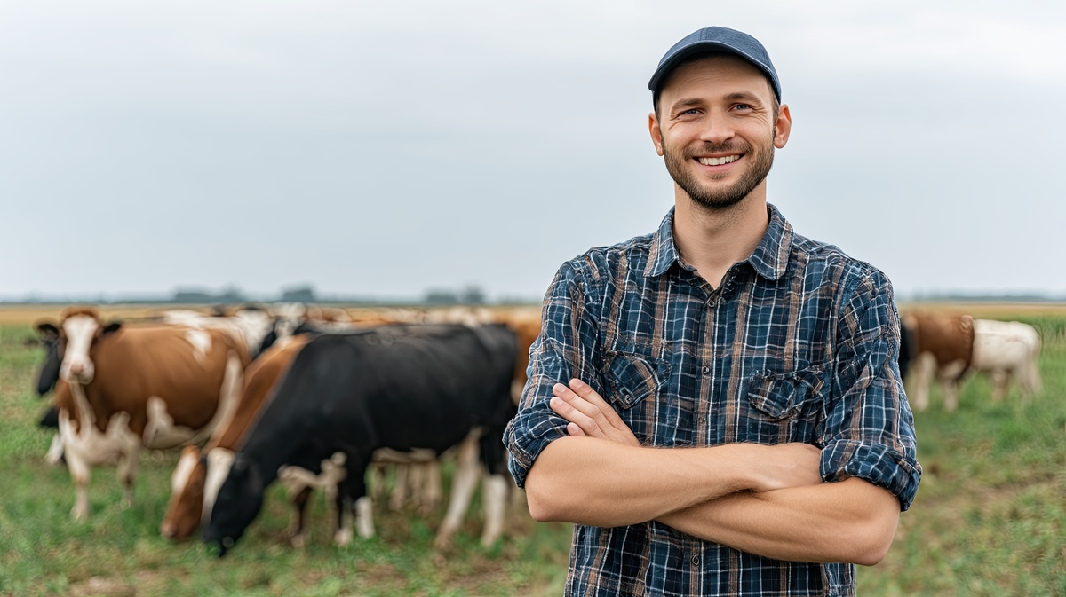 Un agriculteur souriant les bras croisés dans un champ avec des vaches - Illustration Jeunes agriculteurs :  moins de contrôles pour s’installer