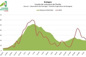 Courbe de croissance de l'herbe en Bretagne du 29 janvier au 22 octobre 2025 avec indication de la moyenne 2010-2024