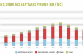 Graphique de l'évolution des abattages de viandes bio 2014-2024