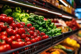 Un rayon de fruits et légumes dans un magasin de grande distribution