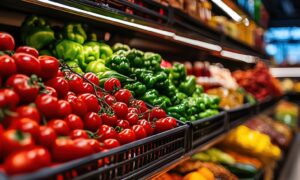 Un rayon de fruits et légumes dans un magasin de grande distribution
