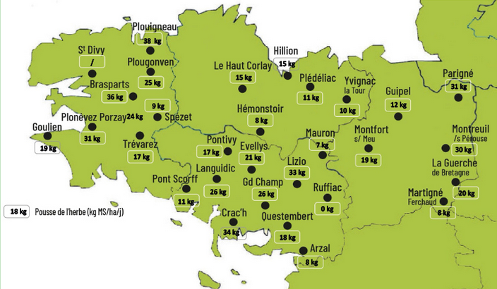 carte de la pousse de l'herbe en bretagne du 15 au 20 octobre 2025 - Illustration Observatoire des fourrages : 18 kg MS/ha/jour