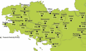 carte de la pousse de l'herbe en bretagne du 30 septembre au 6 octobre 2025