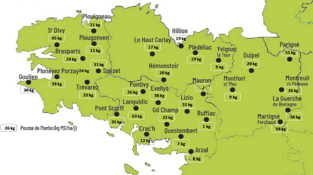 carte de la pousse de l'herbe en bretagne du 30 septembre au 6 octobre 2025 - Illustration Observatoire des fourrages Bretagne : 26 kg MS/ha/jour