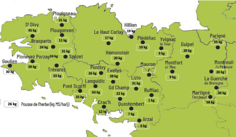 carte de la pousse de l'herbe en bretagne du 7 au 14 octobre 2025 - Illustration Observatoire des fourrages Bretagne : 25 kg MS/ha/jour