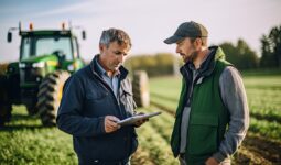 Deux hommes à côté d'un tracteur dans un champ travaillant avec une tablette