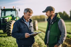 Deux hommes à côté d'un tracteur dans un champ travaillant avec une tablette