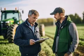 Deux hommes à côté d'un tracteur dans un champ travaillant avec une tablette