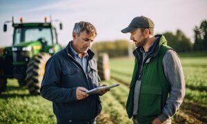 Deux hommes à côté d'un tracteur dans un champ travaillant avec une tablette
