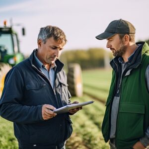 Deux hommes à côté d'un tracteur dans un champ travaillant avec une tablette