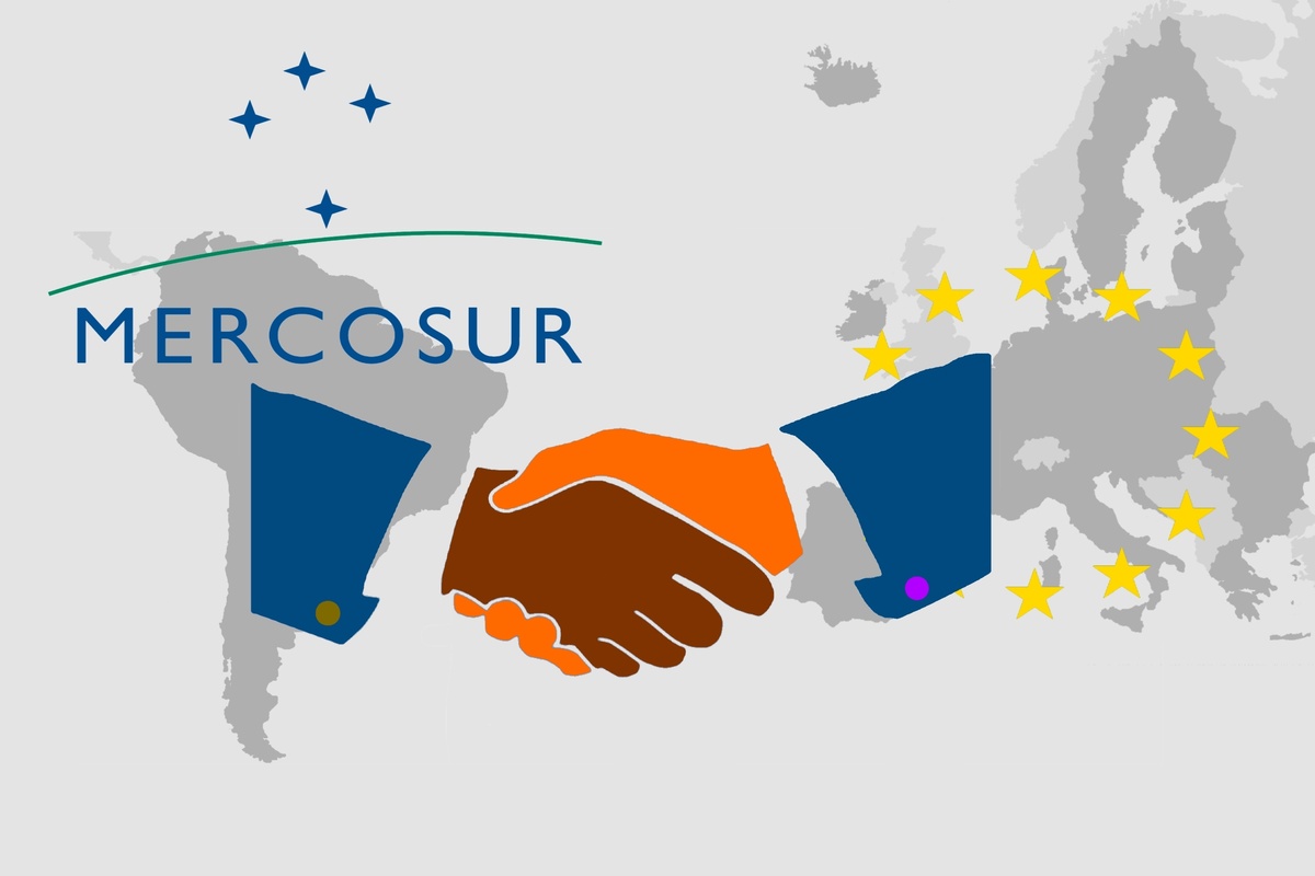 Infographie du mercosur avec le monde et une pognée de main entre les Etats Unis et l'Europe - Illustration Le Danemark veut aller vite sur les sauvegardes