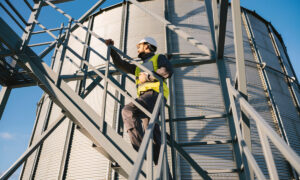 Un homme en tenue de sécurité sur les escaliers d'un silo à grain