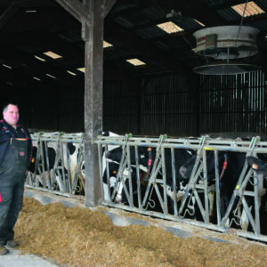 Un éleveur devant des vaches au cornadis