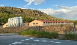Un paysange de montagne ensoleillé avec un bâtiment d'élevage de porc et des silos à grain