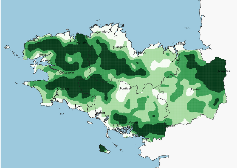 carte des surfaces toujours en herbe dans les exploitations agricoles bretonnes - Illustration Moins de prairies permanentes