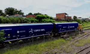 Une voie de chemin de fer au Brésil avec un train de marchandises