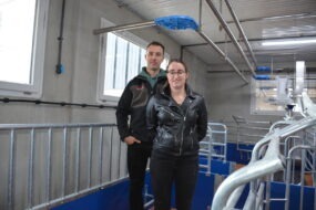 Une femme et un homme dans une maternité porcine