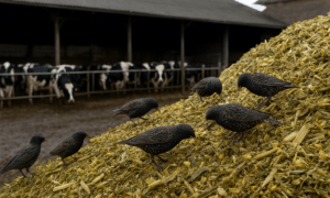 Des étourneaux sur un tas d'ensilage de maïs