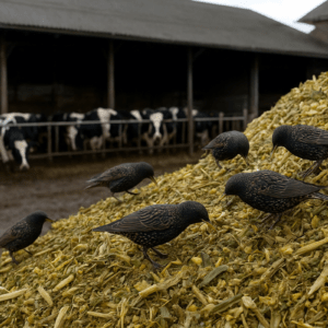 Des étourneaux sur un tas d'ensilage de maïs