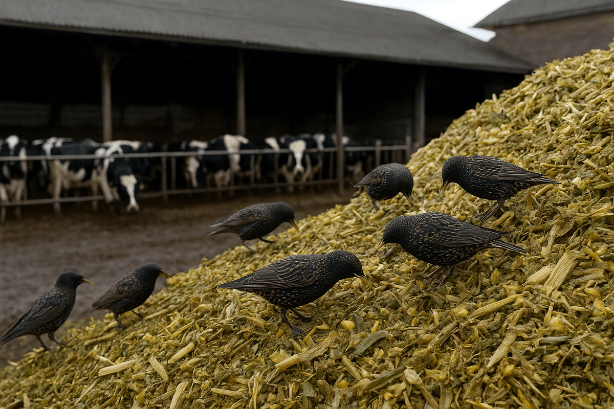 Des étourneaux sur un tas d'ensilage de maïs - Illustration Dégoûter les étourneaux de l’ensilage
