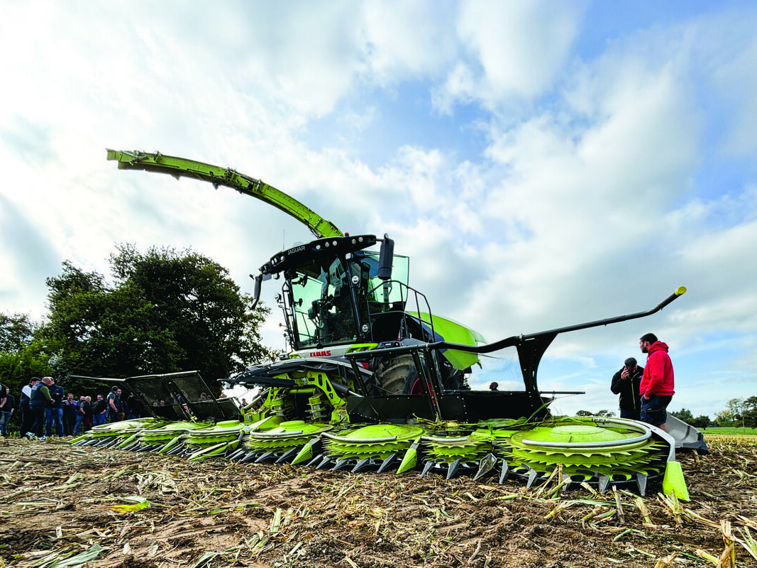 Une ensileuse au travail dans un champ de maïs avec des personnes sur le côté - Illustration Des solutions de terrain