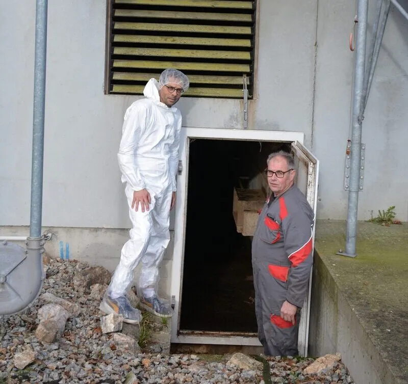 Deux personnes devant le système de chauffage d'une porcherie - Illustration Un échangeur d’air naturel et structurel