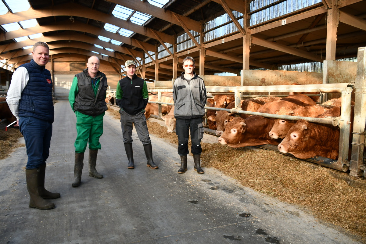 quatre hommes dans un bâtiment de bovins - Illustration « La contractualisation nous sécurise »