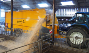 Une pailleuse attelée à un tracteur en train de projeter de la paille sur le côté